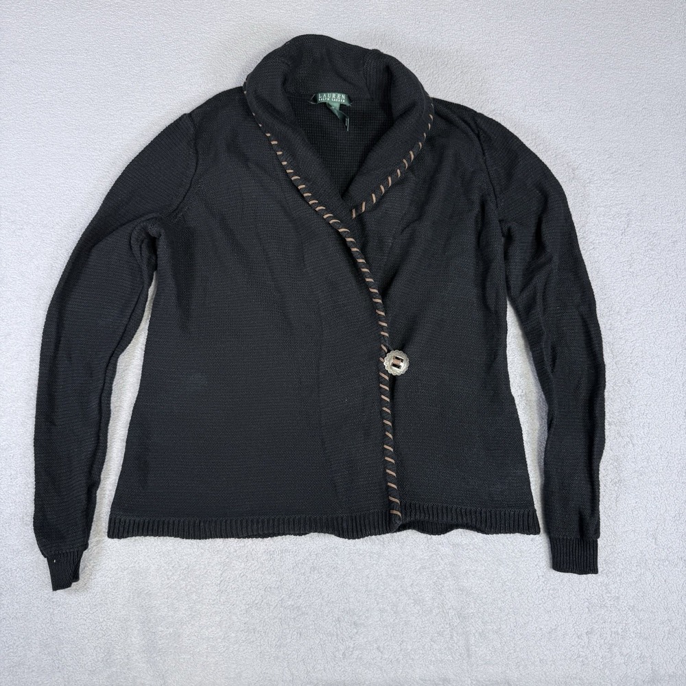 Lauren Ralph Lauren Black Linen Cotton Cardigan Whipstitch Concho Size Medium